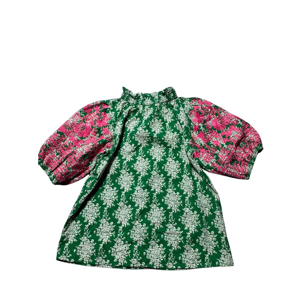 NWT THML Blouse Womens S Green Pink Embroidered Floral Puff Sleeve Button Back - Picture 6 of 16